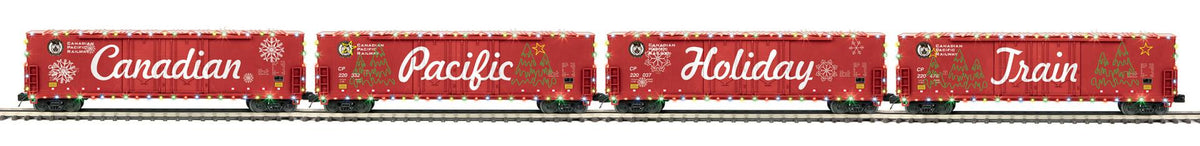 MTH 20-92237 Canadian Pacific 50' Double Door Plugged Boxcar w/LED Holiday Lights 4-Car Set