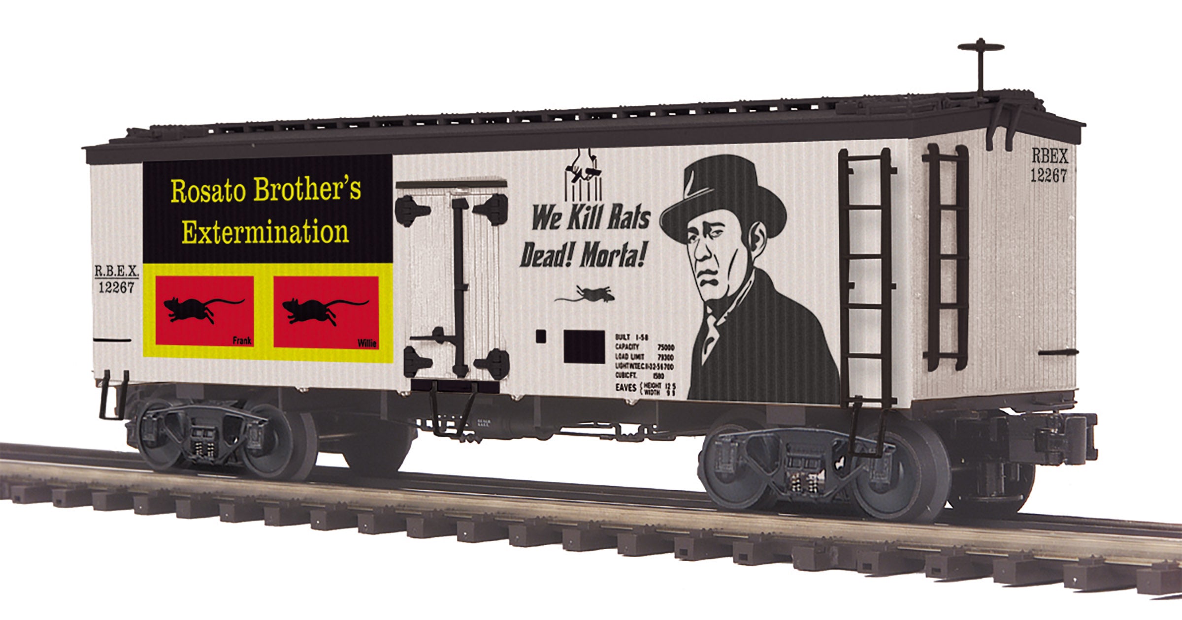 MTH 20-94806 Rosato Brothers Exterminators 36 foot woodsided reefer car, road number RBEX 12267, O gauge