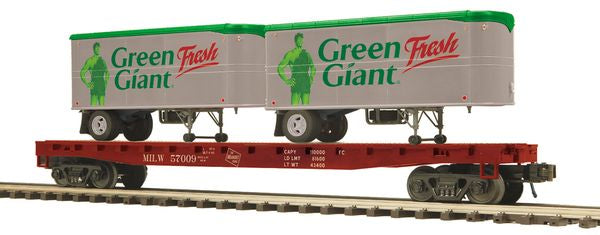 MTH 20-95555 Milwaukee Road Flat Car with (2) 20' Green Giant Pup Trailers