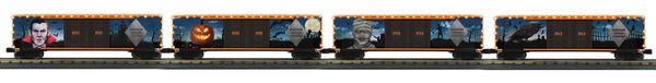 MTH 30-70149 Halloween 4 Car 50' Double Door Plugged Box Cars with LED's