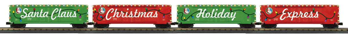 MTH 30-70170 Christmas 4 Car 50' Double Door Plugged Box Car Set with LED's