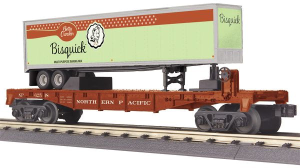 MTH 30-76893 Northern Pacific Flat Car with 40' Bisquick Trailer