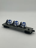 MTH 1979T-205 Custom MTH Transportation Company Flat Car w/ 3 Blue-White Forklifts Plus Extra Forklift w/Driver by The Train Loft