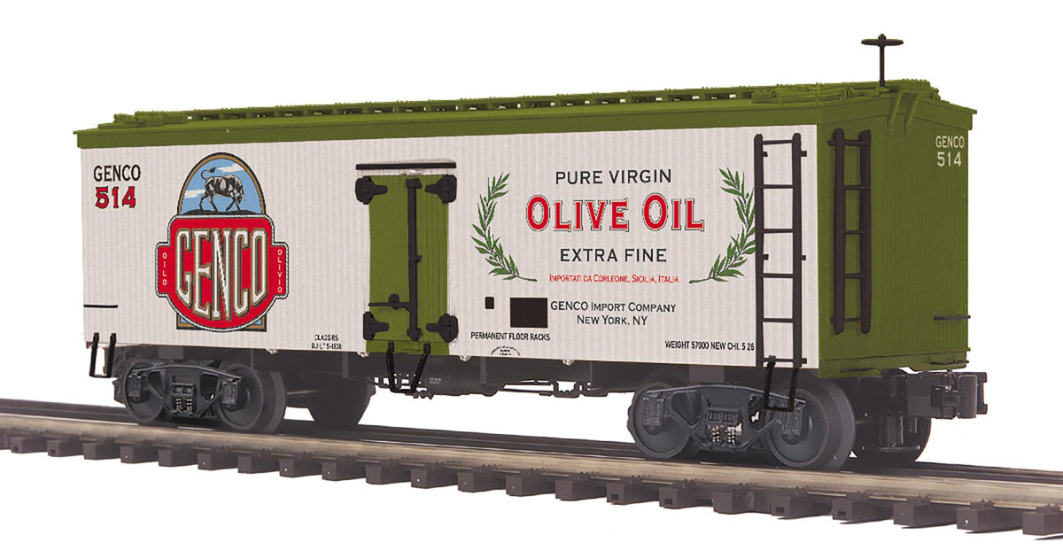 MTH 20-94616 Genco Olive Oil O Scale Premier 36’ Woodsided Reefer Car